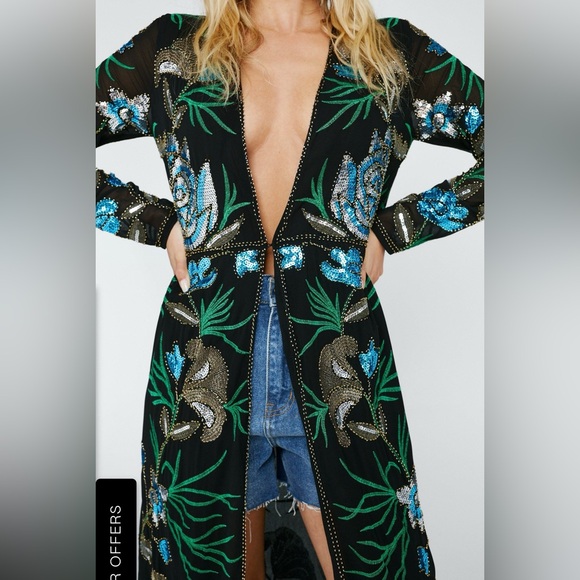 NWOT Nasty Gal Embellished Floral Design Longline Kimono - Picture 3 of 4